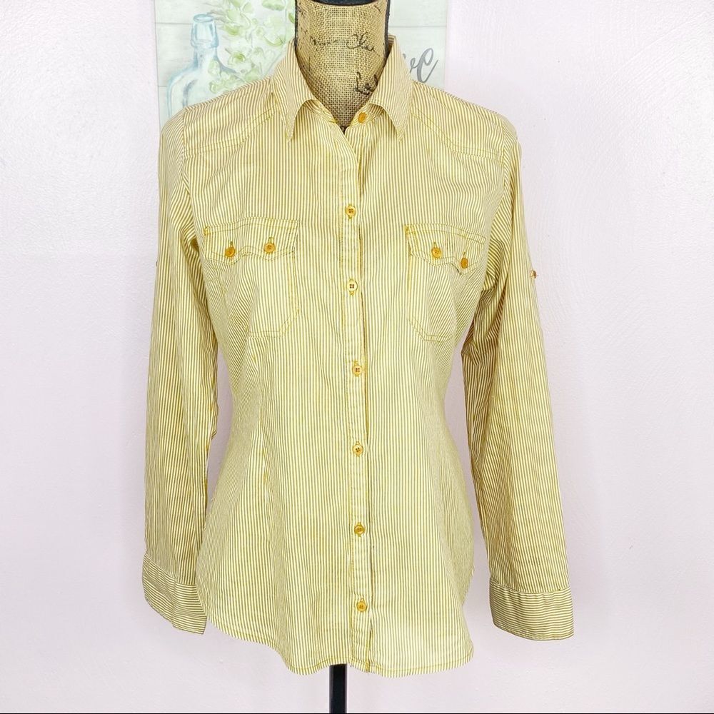 Zara TRF Button Front Shirt Striped Elbow‎ Patches Medium Yellow White Oxford